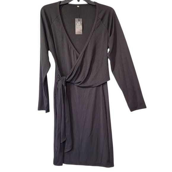 Sunmama Women Casual Dress V Neck Long Sleeve Pencil Midi Dress Black X-Large - Picture 1 of 9